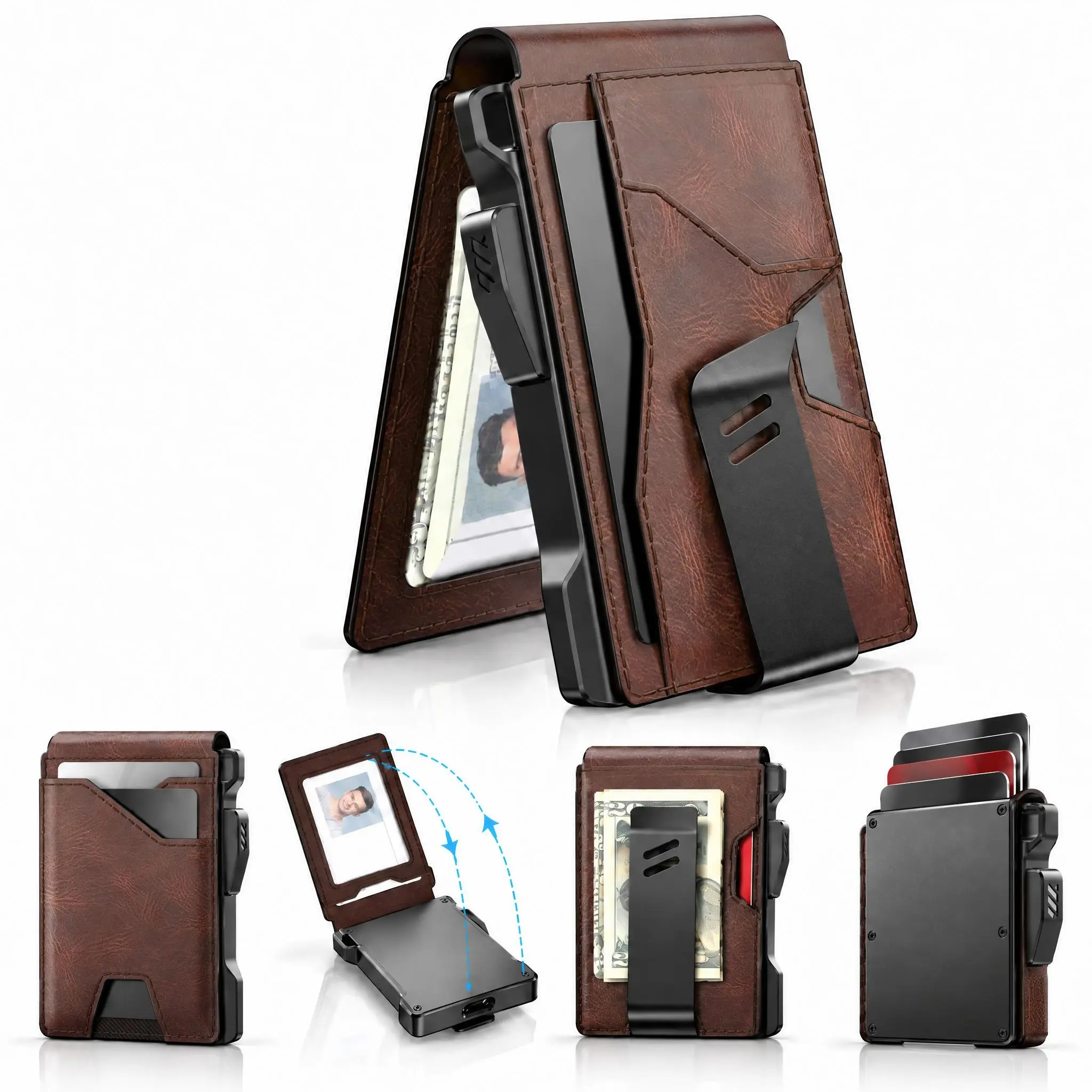 Tactical  Leather Wallet for Men - RFID Blocking Aluminum Card Holder with ID Window & Money Clip, Pop Up Card Case,Slim Minimalist Front Pocket Bifold, Holds 9-13 Cards,Christmas,Birthday Gifts