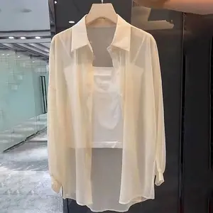 Anygoal Women's Sun Protection Shirt Shimmer Sheer Chiffon Button Up Shirt, Loose Oversized Long Sleeve Sun Protection Blouse,Draped Hip‑Length Sun‑Shade Blouse Outerwear Lightweight Breathable Outerwear for Summer,Beach,Vacation,Beach outfits summervibes
