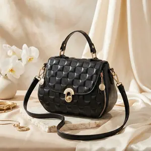 Women's Black 3D Checkered Embossed Handbag – Luxury Woven Texture Satchel with Side Zippers & Gold Turn Lock – Elegant Crossbody Shoulder Purse for Work & Daily