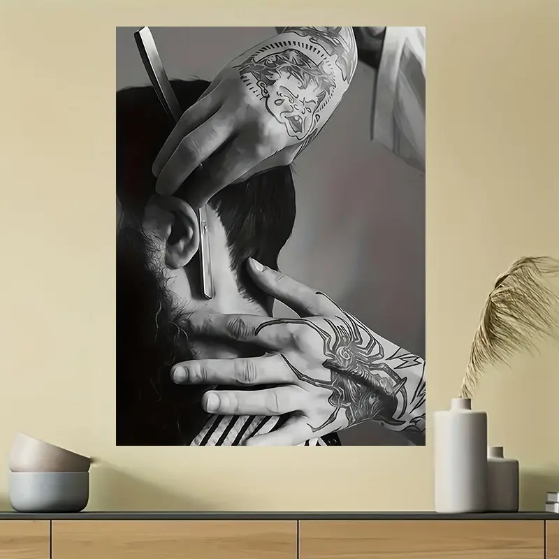 1 Piece Frameless Barber Shop Canvas Print Poster, Wall Art Painting, Artwork for Walls, Graphic Prints, Black and White, Haircut Scene, Modern Minimalist Design Wall Decoration, Suitable for Living Room, Salon, Men's Space, for Barber Enthusiasts