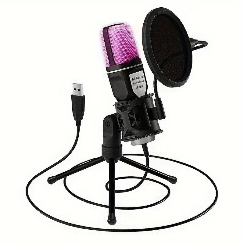 Portable Lightweight USB Microphone with Tripod, RGB Lighting Gaming Microphone, Singing Mic, Condenser Microphone with PC Compatibility for PC & Laptop, Professional Audio & Video Product
