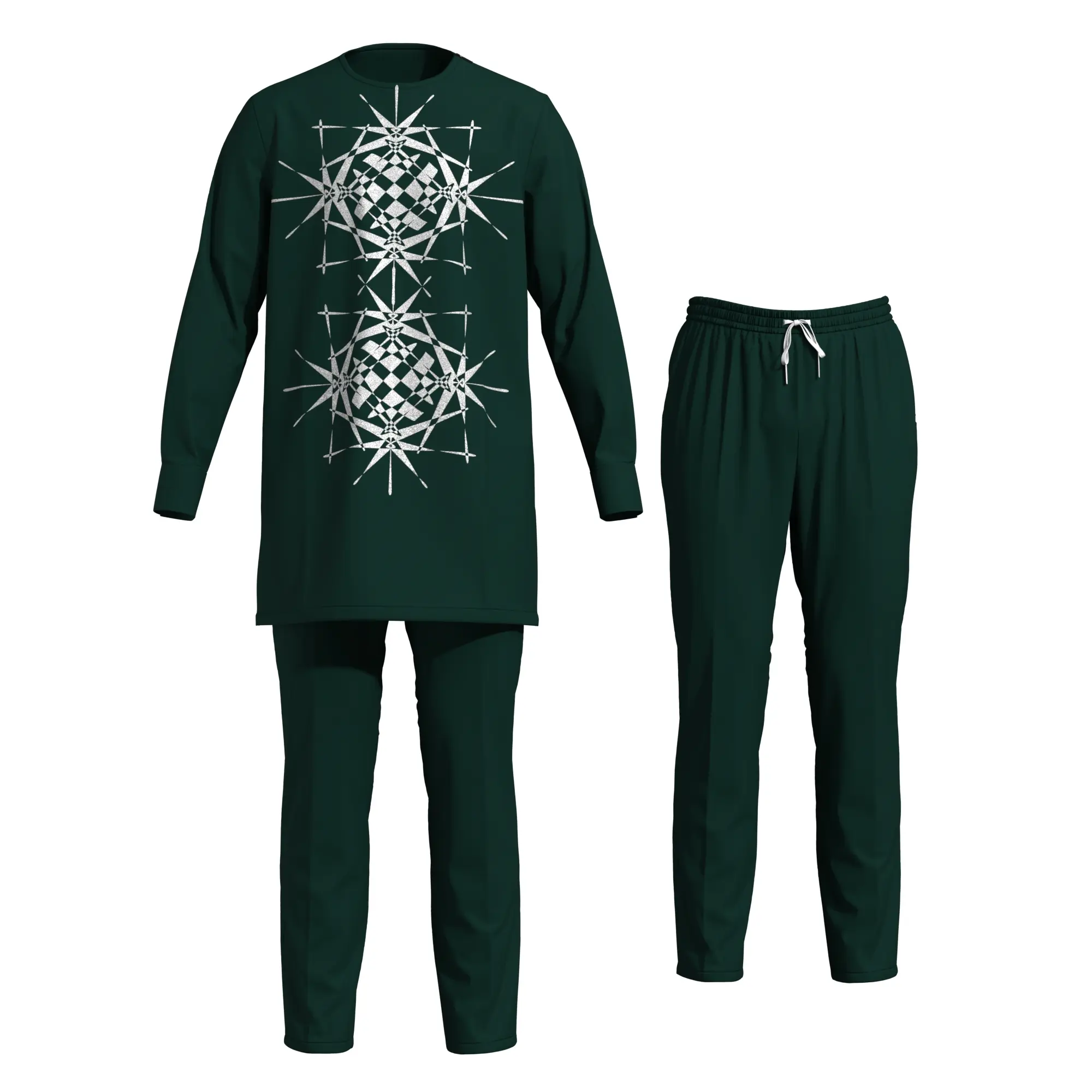 UOUNUT Men's 2-Piece Geometric Print Islamic Outfit - Long Sleeve Tunic Shirt + Drawstring Straight Pants, Muslim Prayer Ethnic Wear for African Middle East Daily Use
