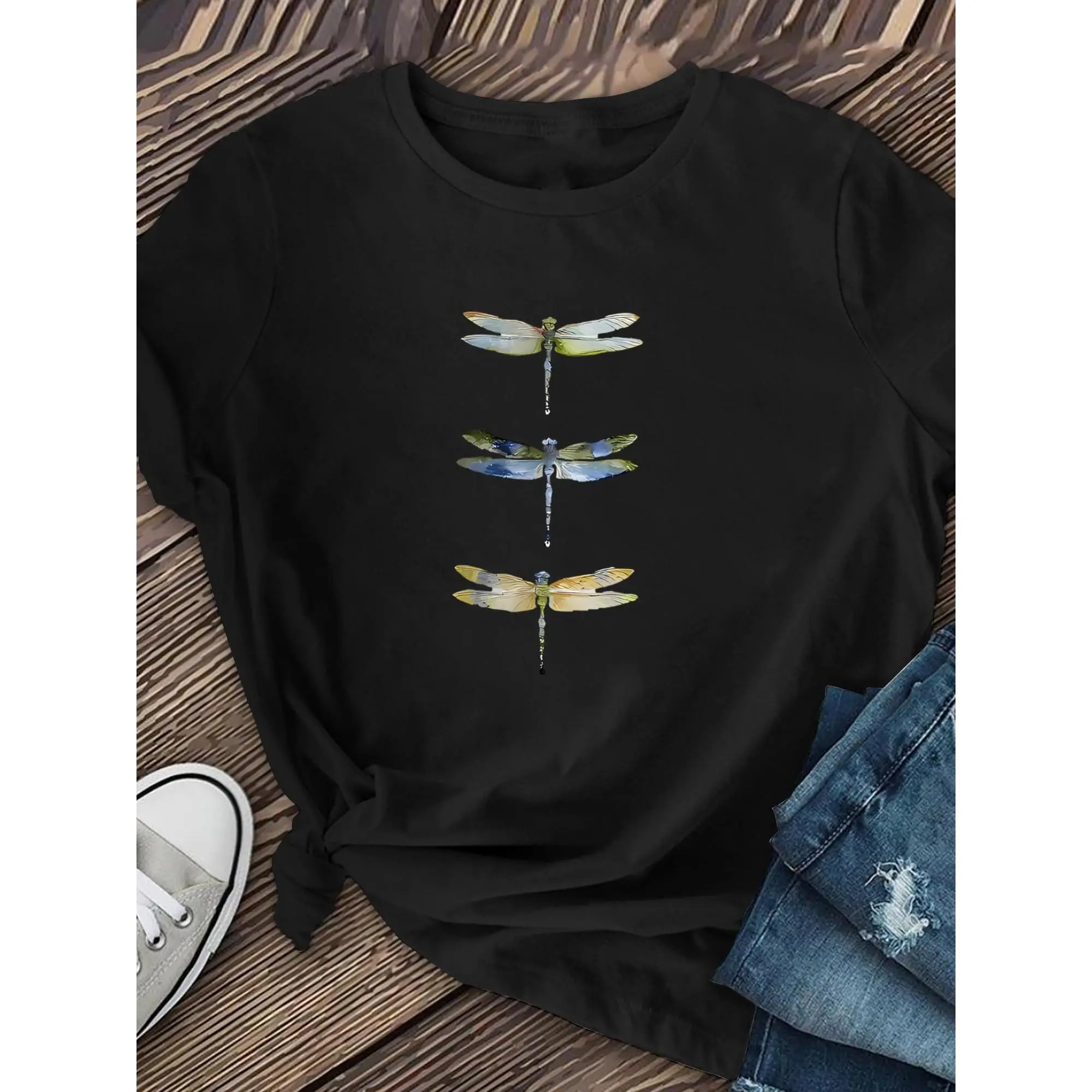 Women's Short-Sleeve Round-Neck Dragonfly Print Fitted T-Shirt - Women's Tops for Thanksgiving, Casual Multi-Color Unique Design Streetwear Daily Basic Top