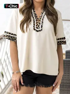 Hotapei Summer Elegant Leopard Print Patchwork Trim Half Button Short Sleeve Shirt, Stylish Women's Blouse, Casual Fashion Top