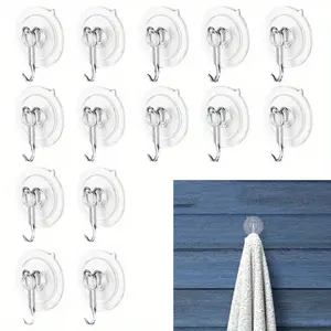 A set of 14 Suction Cup Hooks, Reusable Clear PVC Suction Cups With Metal Storage Rack ,Removable Towel Hook For Bathroom Shower Wall, Kitchen Walls, Window,Glass Door - Home Improvement.
