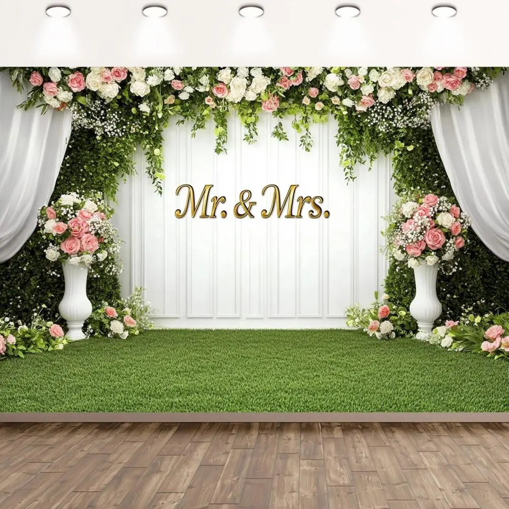 Wedding Floral & Botanical Pattern Mr & Mrs Lettering Background Banner, Festive Home & Wedding Party Decoration Supply