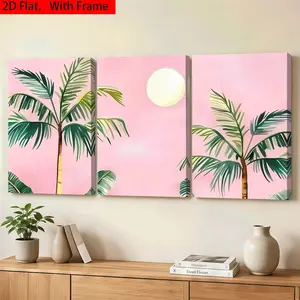 3 Piece Framed Canvas Wall Art Set, Tropical Palm Tree Sunset Landscape, Ideal for Living Room, Bedroom, Restaurant, Hotel Decor