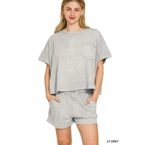 Zenana Halo Snow Washed Boxy Top & Shorts Set
