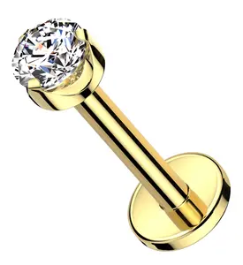 Gold PVD Flat Back Prong Clear CZ Internally Threaded Titanium Labret