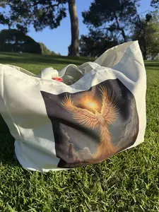 Divine Messenger 16.5'' Large Beige Poly Tote Bag with Phoenix Rising Artwork