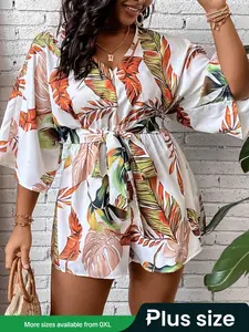 Plus Size All Over Leaf Print Belted Tie Front Romper, Vacation Clothes, Casual V Neck Batwing Sleeve Romper for Beach Vacation Holiday, Women's Clothes for Summer
