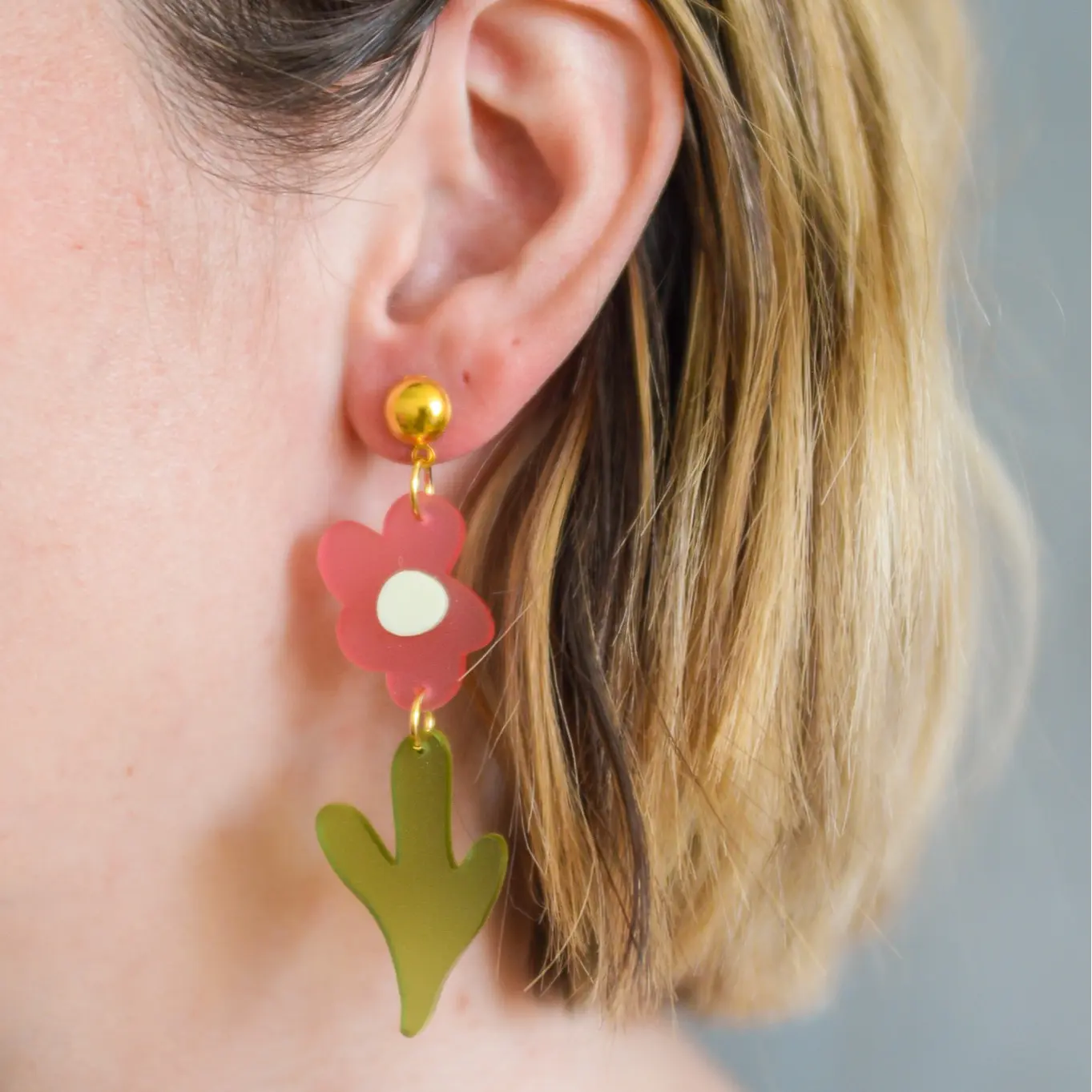 Wildflower Dangle Earrings - Frosted Acrylic, Grapefruit Pink with Brass Top - 2.2 inches