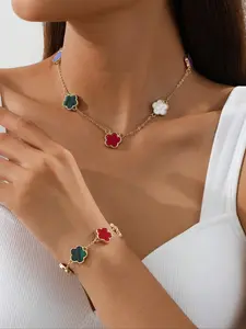Flower Design Necklace & Chain Design Bracelet, Fashion Jewelry for Party, Daily Clothing Decor, Trendy All-match & Exquisite Jewelry for Birthday Gift, Trendy Jewelry Set, Elegant Jewelry Set