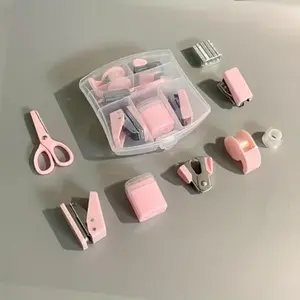 8 Piece Office Stationery Set, Includes Portable Tape Dispenser, Puncher, Stapler, Small Tape, Pen Holder, Scissors, 500 Staples, Paperclip Organizer, Office Supplies