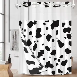 1pc hookless shower curtain with buckle lining, black and white cow print design, 2D flat printing, fabric waterproof lining, see-through double-layer shower curtain, 71 x 74 inches, modern home draping curtain, Shower Curtain Liner