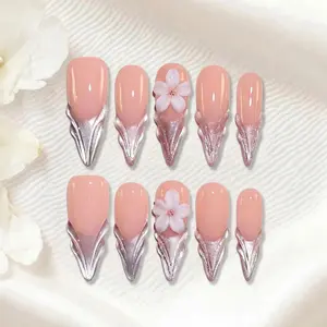 Naillulu ‌|‌ 10PCS 100% Handmade 1.3 inch Press on nails ‌|‌ Nude Gilded Elegance Long Stiletto Press On Nails | S008 For Date, Bridal, Daily, Party & Travel Photoshoot