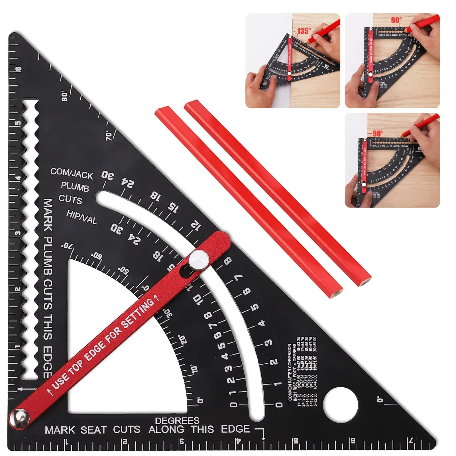 Carpenter Square,7 inch Square Ruler Set,Framing Square,Carpenter Tools and 2 Pencils Combination Square,Adjustable Angle Triangle Ruler Hardware Metal