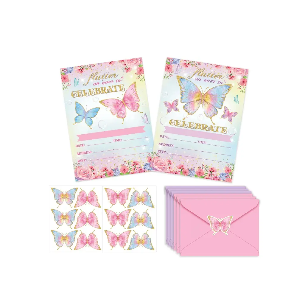 14pcs Butterfly Theme Birthday Party Invitations Set, Fun Party Cards, Includes Envelopes, Girl Floral Butterfly Invitation Cards Stickers, Floral Accents