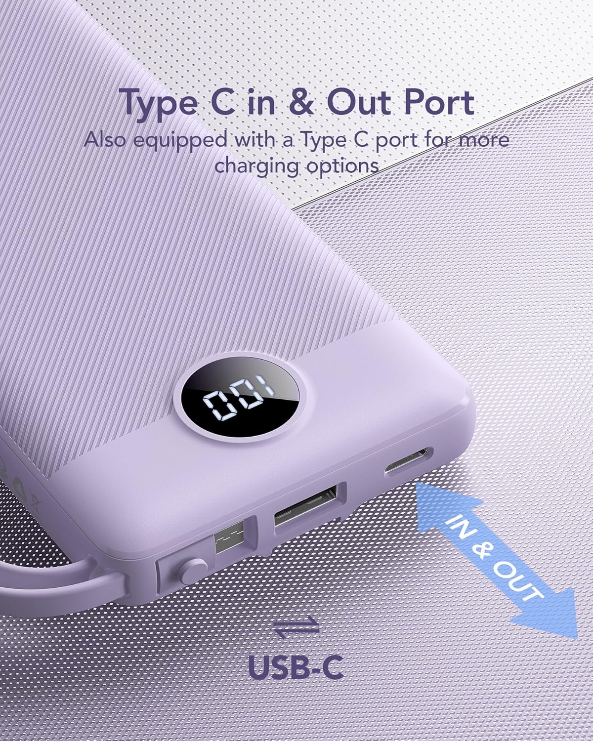 VRURC 10000mAh Portable Charger Power Bank with 4 Built-in Cables, LED Display, Lavender Accessory for iPhone, Samsung – Everyday Carry, Multiple Device Charging Essential, Accessories, Battery Power Bank, Rechargeable Tech