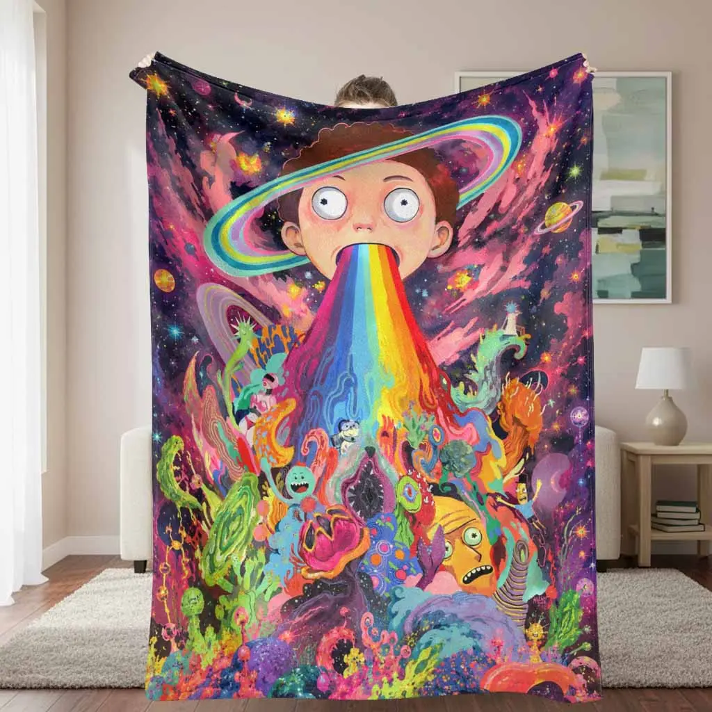 Rainbow Theme Flannel Blanket, Colorful Cosmic Fantasy Psychedelic Galaxy Art Print, Vibrant Abstract Design, Soft Warm Durable Fade-Resistant, Ideal for Bedroom & Living Room Decor, Perfect Gift for Home Use, Rainbow Theme Blankets