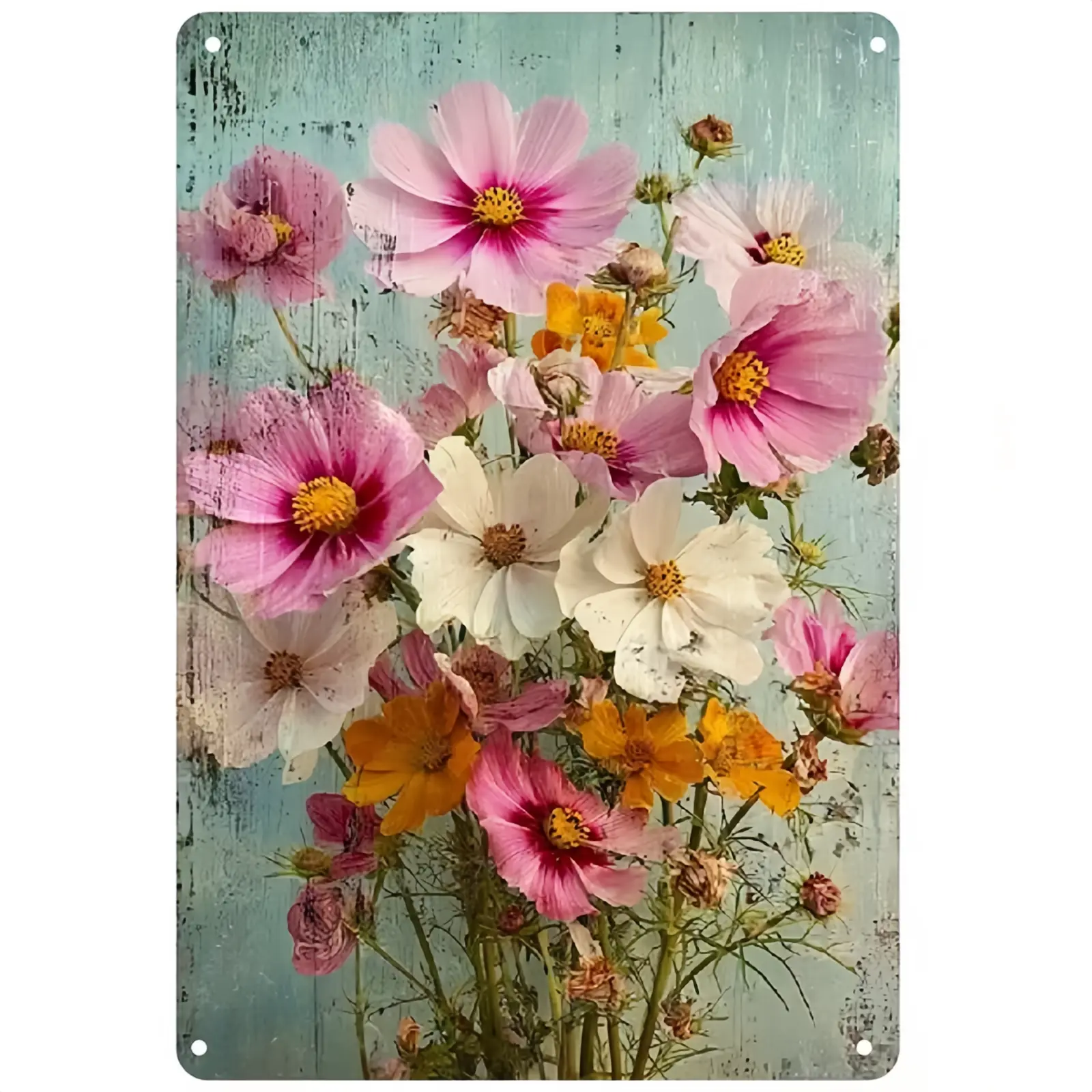Vintage Distressed Iron Tin Sign - Casual Flowers Decor, Pink White Yellow Cosmos Wildflower, Weathered Mint Blue Wood Plaque, Shabby Chic Rustic Wall Art for Farmhouse Kitchen, Universal Pick to Elevate Your Space with Charm, Wall Plaque