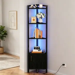 5-Tier Corner Shelf with Storage and LED Light, 62.8” Standing Corner Cabinet, Multi-Purpose Wood Display Bookshelf for Bedroom, Living Room, and Kitchen, Black Oak Finish
