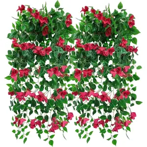Magrowie Pack of 4 count Artificial Hanging Bougainvillea Silk Plastic Flower Vines Faux  for Indoor Outdoor  Farmhouse Garden Porch Eave Wall Fence Wedding Party Decor (Fuchsia)