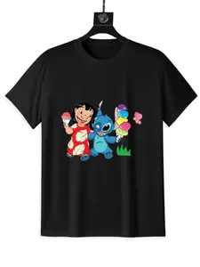 Disney Stitch 100% Cotton Tee for Summer - Black T-Shirt Featuring Stitch and Friends Design Comfortable & Breathable Ideal for Casual Outings