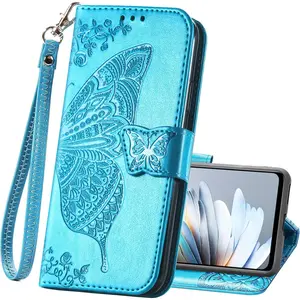 for Motorola Moto G Stylus 5G 2025 Wallet Case,Women PU Leather Flip Protective Phone Case Wrist Strap Card Slots Holder Pocket Butterfly Flower Embossed Magnetic Stand Cover Blue