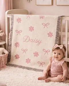 Daisy Baby Blanket with Name Woven Cotton or Fleece Blanket Girl Pink Floral Bedding, Wildflower Boho Newborn Blanket