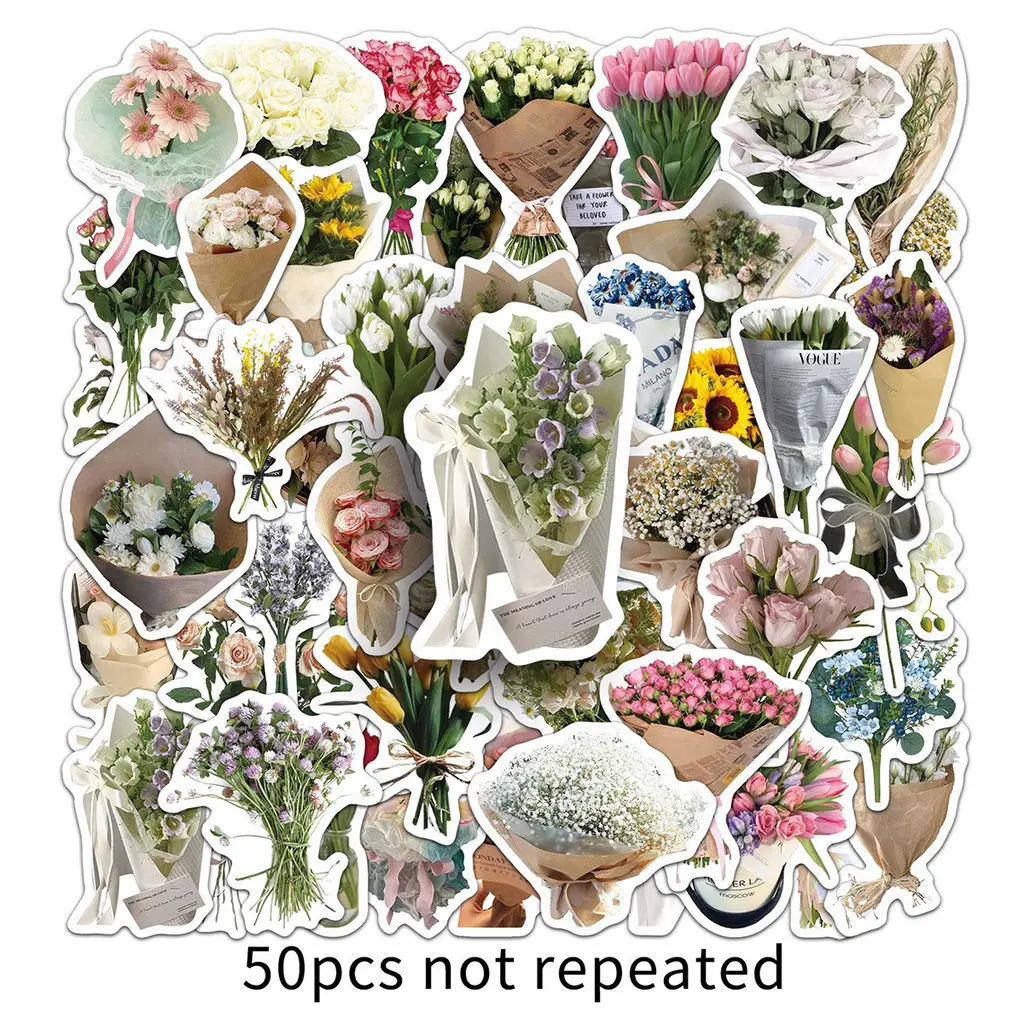 50 Pcs Bouquet Ins Style Cartoon Plant Stickers - Unique Pattern Decor Graffiti Decals for Photo Album, Headphones, Refrigerator, Notebook, Phone Case, Backpack & DIY Crafts, Ideal