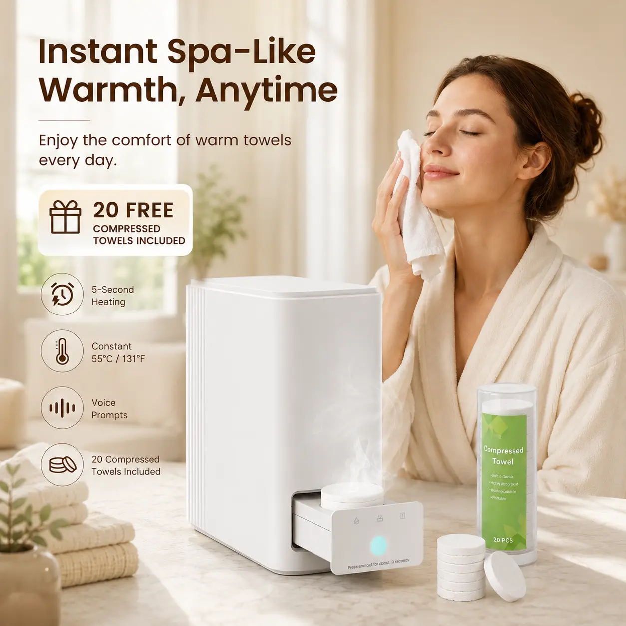 CRILEAL Modern Eco-Friendly Compact Countertop Bathroom Hot Towel Dispenser & Warmer, 55°C (131°F) Smart Machine with 5s Instant Heating, Pop-Out Drawer, 20 Disposable Drying Towels for Skin Care, Countertop Towel Warmers