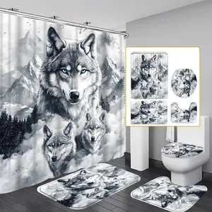 1pc/4pcs 2D Flat Wolf Pack Snow Mountain Pattern Multi-color Background Shower Curtain, Modern and Personalized Home Bathroom Art Decoration, Shower Curtain Set with 12 Hooks, Bathroom Non-slip Mat, Toilet Seat Cover, Holiday Decoration
