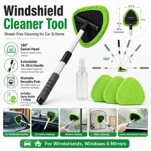 Windshield Cleaner Tool with Extendable Handle, 180° Swivel Car Window Cleaner Kit with Spray Bottle and 3 Reusable Microfiber Pads for Auto Glass, Windows and Mirrors