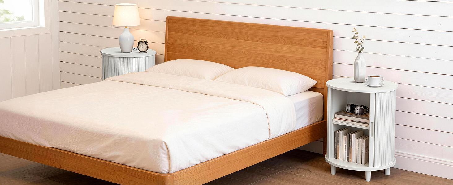 DHH Modern Fluted Round Nightstand with Charging Station & Power Outlets, Circular End Table with Tambour Door & Storage, 2-Tier Bedside Table for Bedroom, Living Room