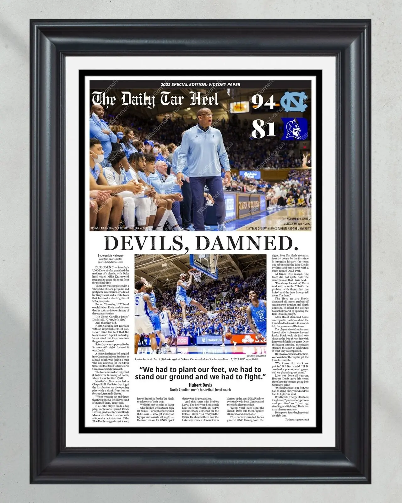 2022 UNC Tar Heels Defeat Duke Coach K Final Home Game - Framed Newspaper