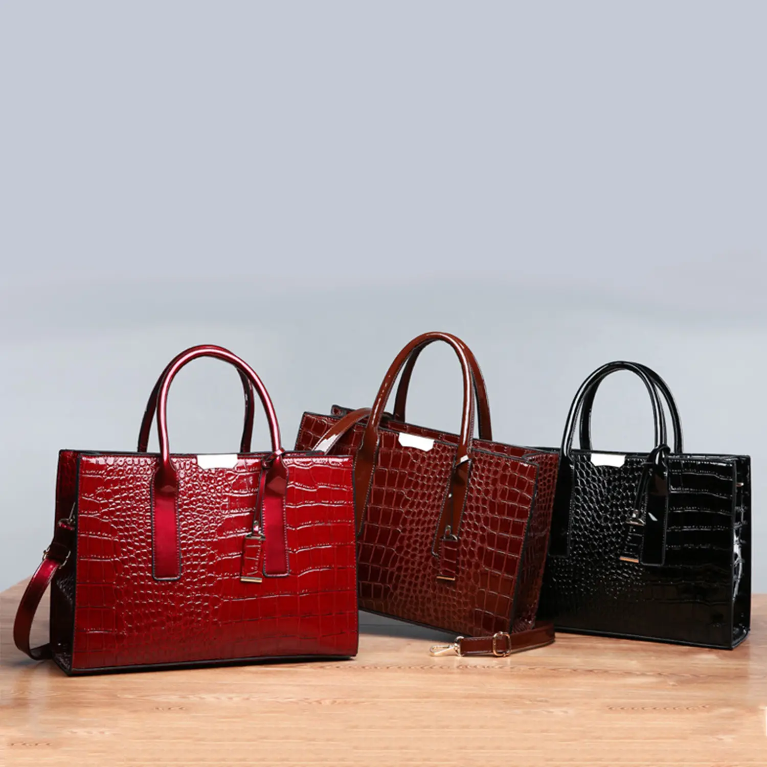 Women Crocodile Pattern Satchel Tote Pu Leather Shoulder Bag Top-handle Handbags Commuter Purse