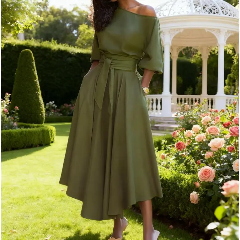 Women's Spring Asymmetrical Shoulder Dress - Cinched Waist Solid Color Flowy Swing Style - TikTok Shop Women's Spring Asymmetrical Shoulder Dress - Cinched Waist Solid Color Flowy Swing Style - TikTok Shop