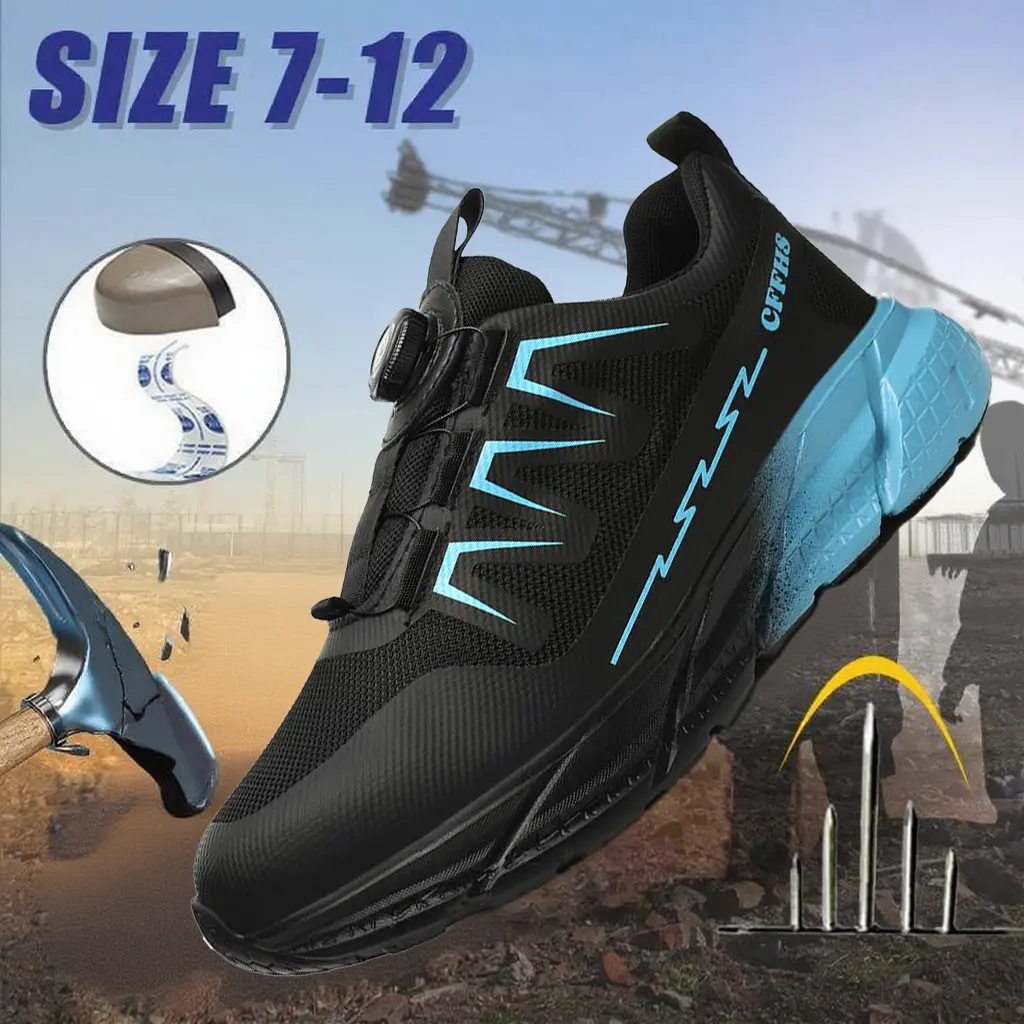 Women's Composite Toe Safety Shoes, Breathable Striped Sneakers with Round Toe and Block Heel, Anti-Puncture Working Footwear, Slip On