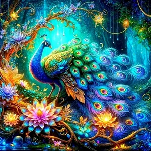 Magical Peacock with Glowing Lotus Flowers in Enchanted Forest 5D Full Drill Diamond Painting Kit, Peacock Pattern, Crystal Rhinestone Embroidery, Vibrant Fantasy Wall Decor, DIY Craft for Home Living Room, Art & Craft Enthusiasts
