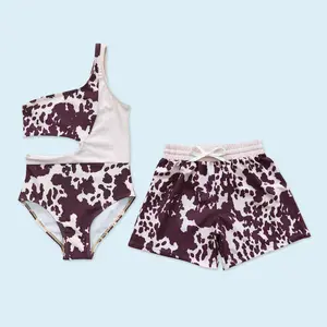 One shoulder cow print kids girls one piece summer swimsuit