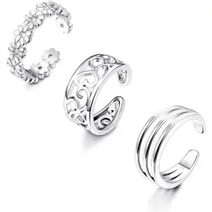 3PCS 925 Sterling Silver Open Toe Rings for Women Girls 18K White Gold Plated Adjustable Minimalistic Tail Band Rings Cuff Toe Ring Set Simple Finger Rings Summer Beach Foot Jewelry