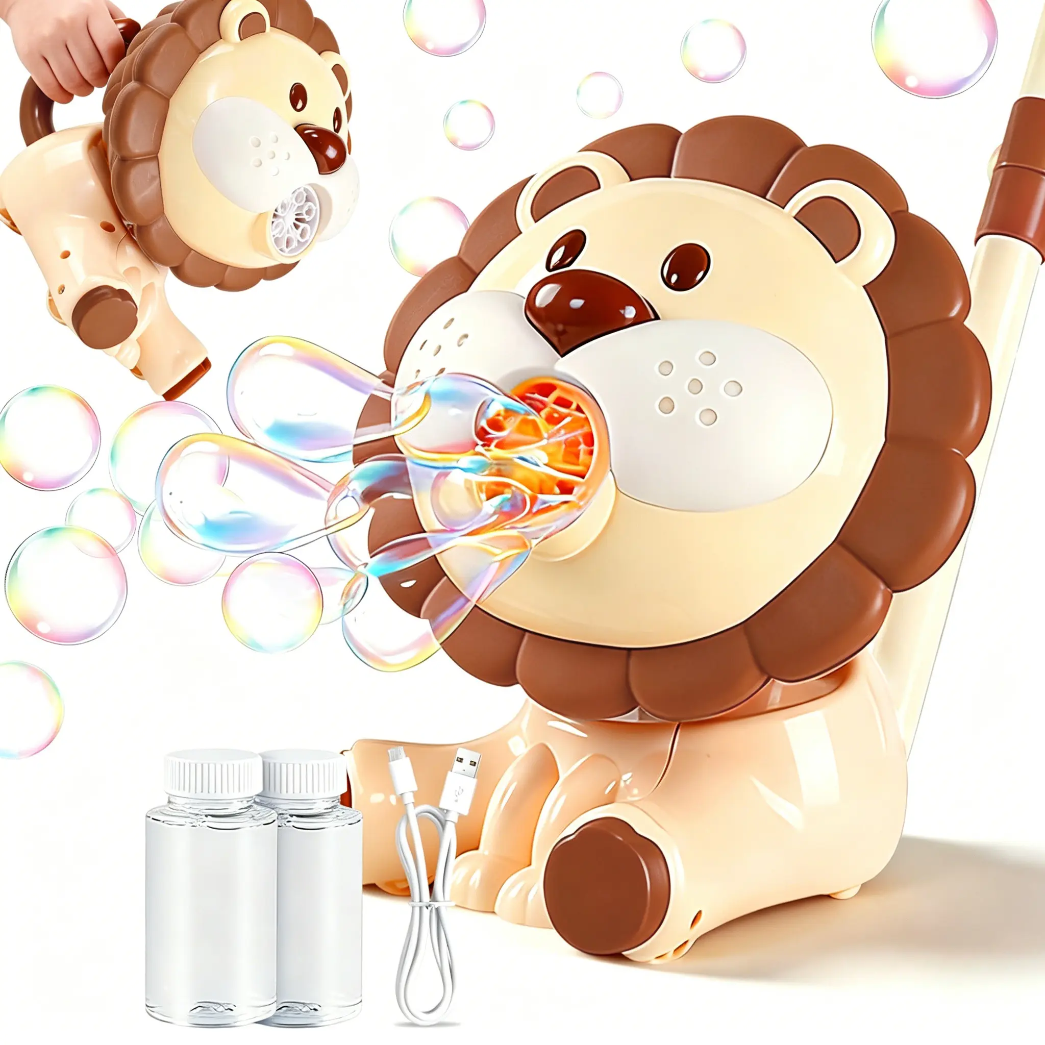 Lion Push-Along Toy Machine for Kids Ages 3-8, Rechargeable Battery Model with Moving Head, 2-in-1 Play Modes, Continuous Output, 80ml Solutions, Beaches Holiday Gift