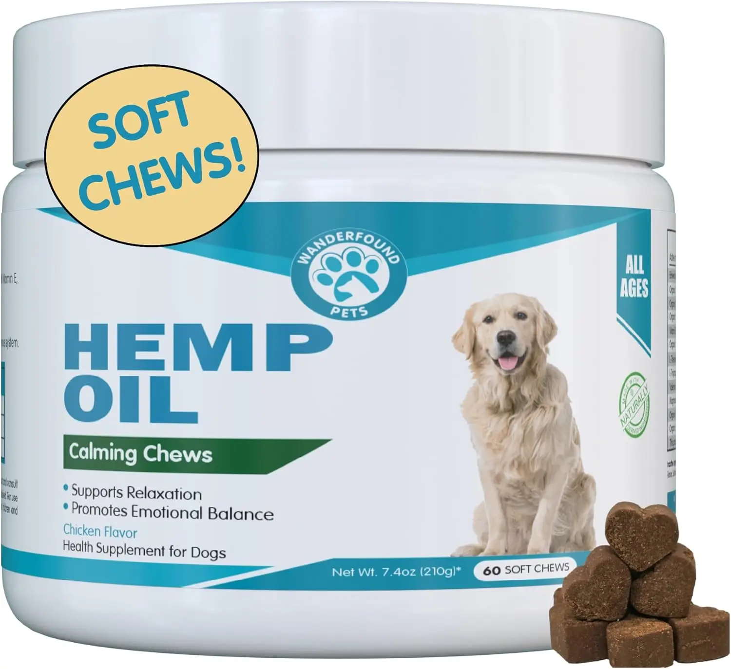 Wanderfound Pets Hemp Oil Calming Chews for Dogs – Natural Anxiety & Stress Relief Soft Chews for Relaxation, Emotional Balance & Daily Calming Support | Chicken Flavor | All Breeds & Sizes
