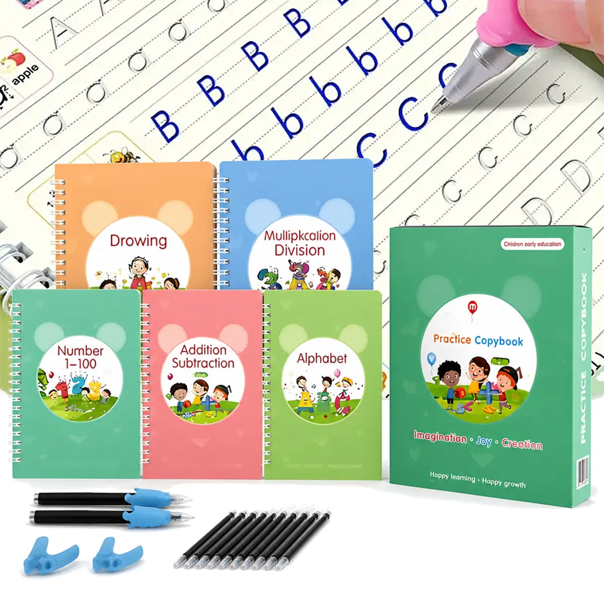 5-in-1 Reusable Groove Template Design Magic Tracing Book Set with Pen Supplies, Kids’ Educational Maths Toy for Back to School Shopping, Easter Gift, Magic Tracing Books