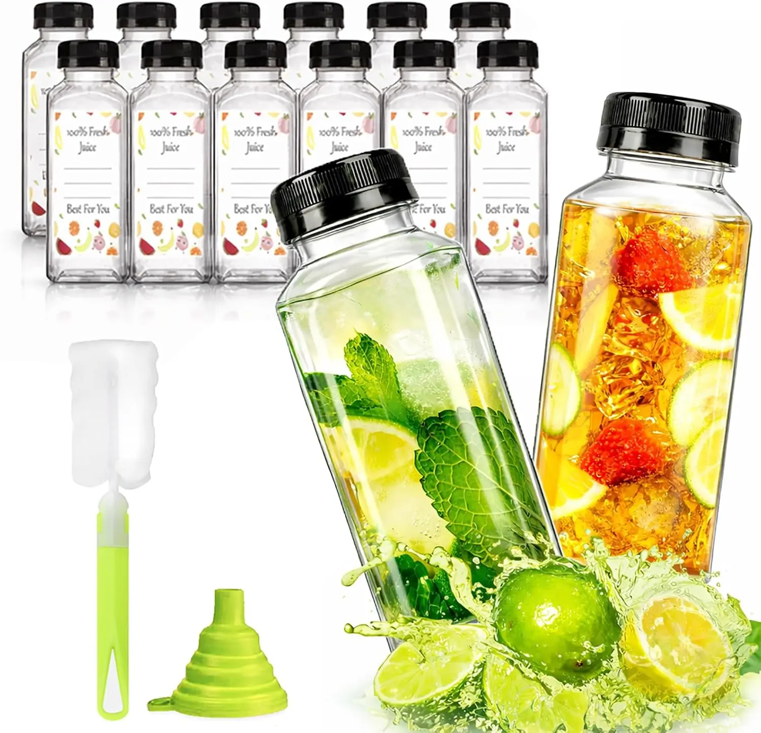 12pcs 12oz Clear Plastic Reusable Juice Bottles with Black Tamper-Proof Lids, Brush, Funnel, Labels for Juicing, Smoothies, Homemade Drinks (Home Storage Containers), Drink