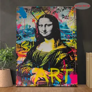 1 piece of Monet and Lisa variant art graffiti text street style pop culture art print, extreme hip-hop style iconic art colorful super poster art, wooden frame, 2D flat canvas painting wall decoration for bedroom, living room, bathroom, kitchen - spring/