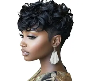 Short Pixie Wigs for Black Women's Natural Human Hair Wigs with Fluffy Texture and Bold Black Color