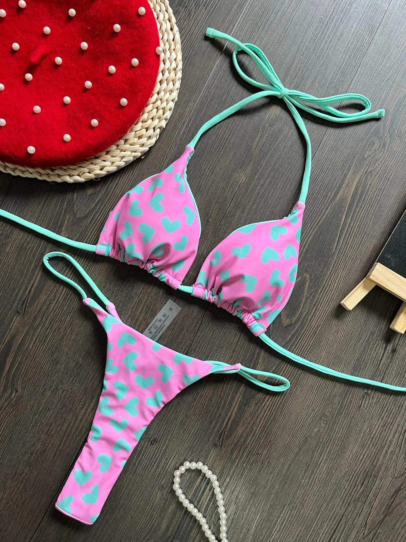Two-Piece Set Women's Heart Print Bikini Set, Casual Swim Top & Swim Bottom Two-piece Swimsuit for Beach Holiday Vacation, Ladies Swimwear for All Seasons, Beach Bathing Suit, Swimsuit Style Bikini, Bikinis Sets