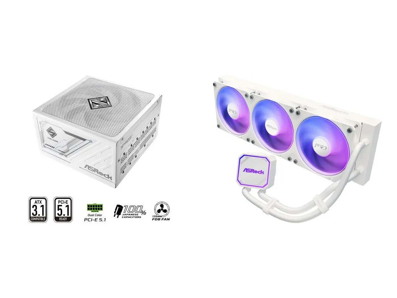ASRock SL-850GW Gold 850W Full Modular Power Supply ASRock AIO PRO White 360 ARGB 27mm radiator, ARGB waterblock, ARGB Hub-lighting fan, white version